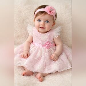 Heirlooms By Polly Finders Pink Dress with Lace Accents And Embroidered Flowers